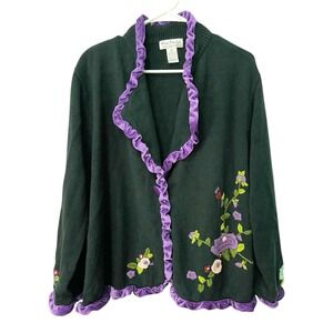 Kim Parrish Collection Womens 2X Black Purple Cardigan Flower Embroidery Goth